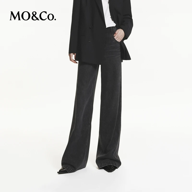 【粉丝专享】MOCO秋天丝棉混纺洗磨中低腰及地直筒牛仔裤MBD3JEN003
