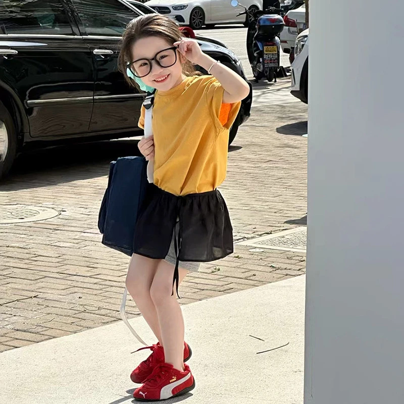 R25282女童夏季新款百搭纯色短袖上衣气质网纱屁帘短裤子三件套潮