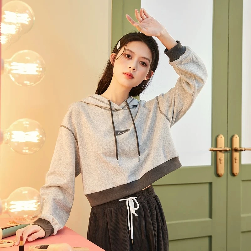 WY005连帽卫衣女新品字母印花拼接设计宽松长袖上衣