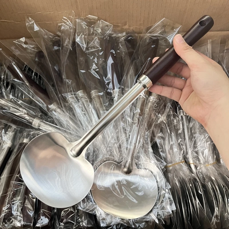 家用木柄防烫炒菜汤勺锅铲蘑菇头锅铲胡桃木高颜值不锈钢炒菜铲子