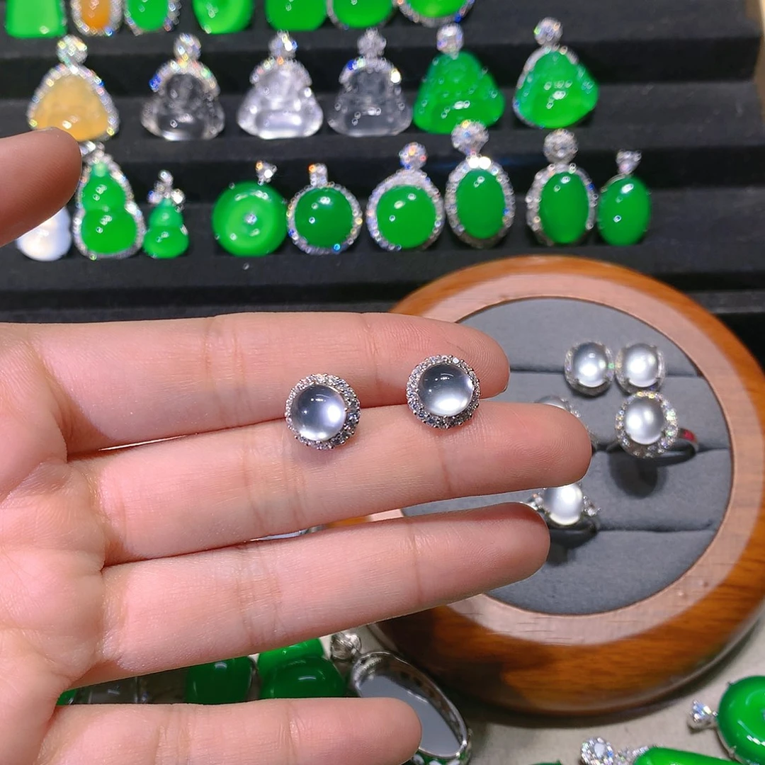 释***）石英质玉银S925镶嵌耳钉