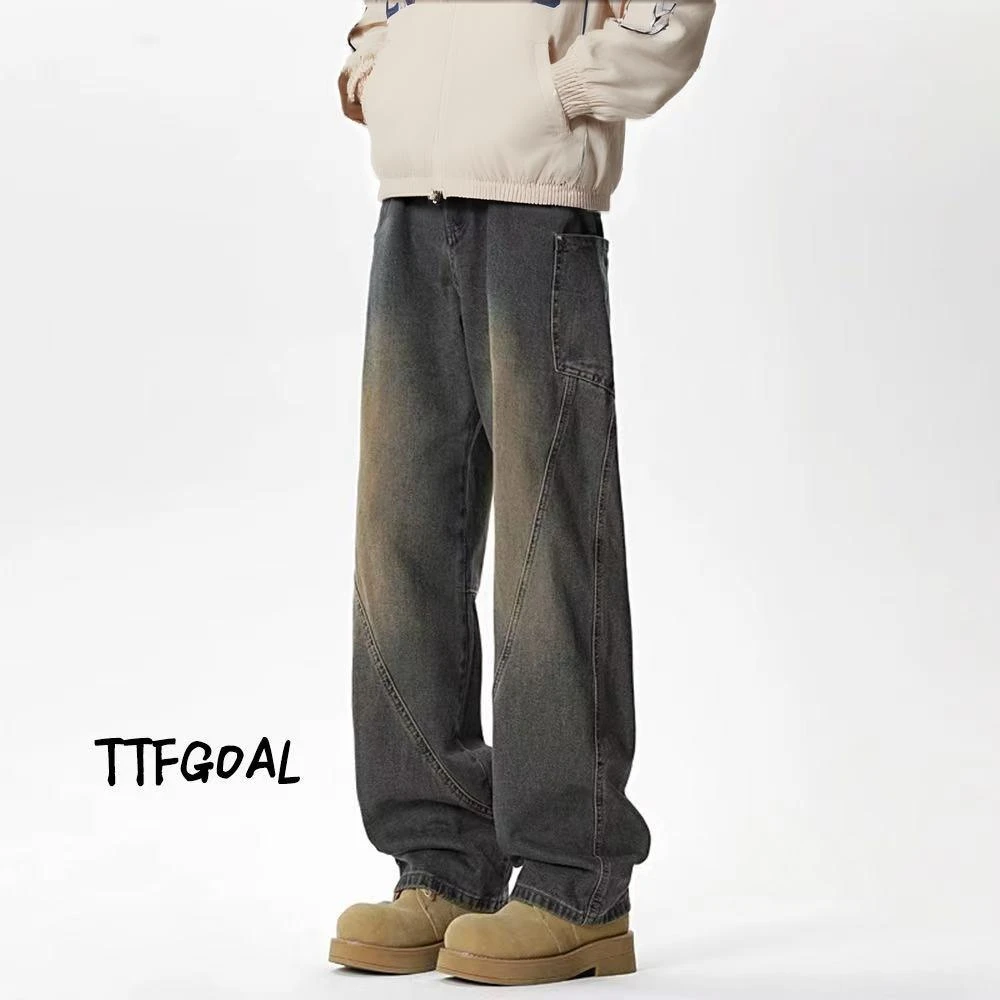 复古工装弯刀牛仔裤高级感男装男款直筒宽松美式高街潮流阔腿长裤