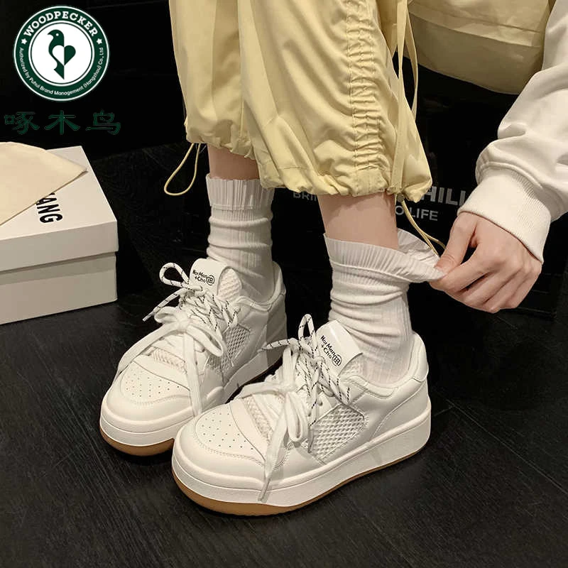 啄木鸟网面透气板鞋女2025新款夏季增高厚底小白鞋韩版百搭休闲鞋