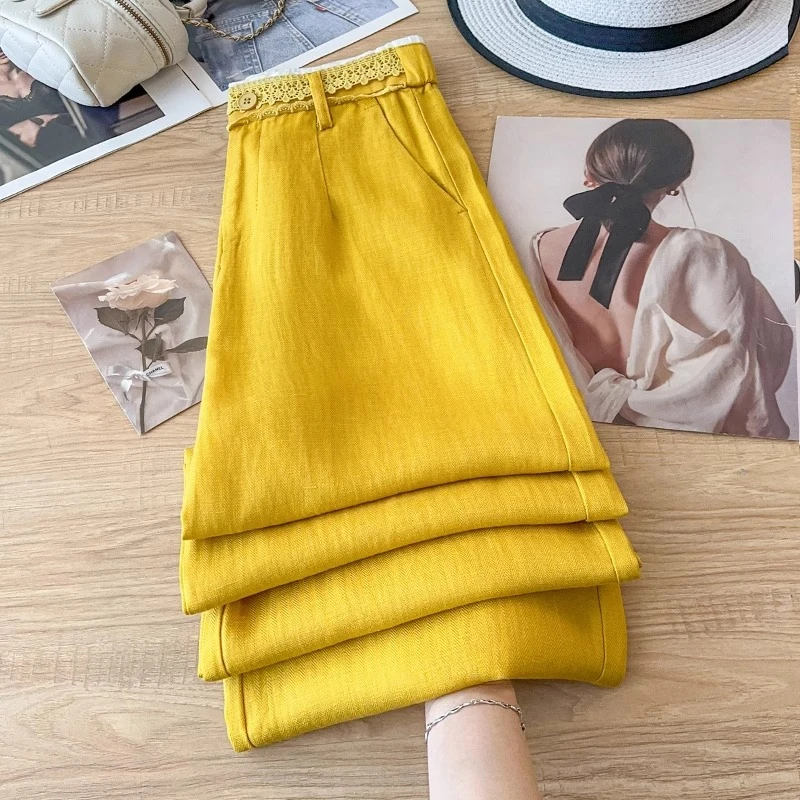 天丝亚麻直筒裤女夏季2025新款高腰休闲蕾丝拼接棉麻阔腿裤山本裤