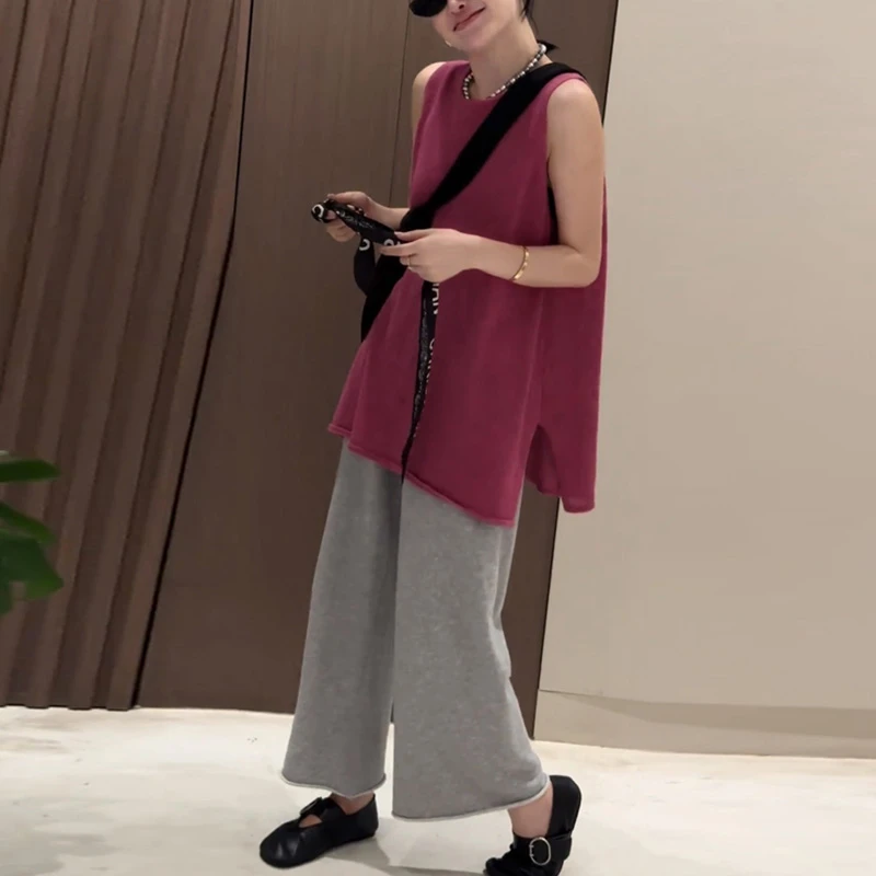 2025年夏季新款玫红色无袖背心女装高级感宽松舒适休闲裤子套装
