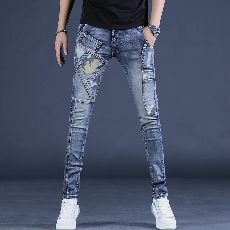 春季男士机车拼接弹力牛仔裤男韩版潮流弹力修身休闲长裤潮牌裤子