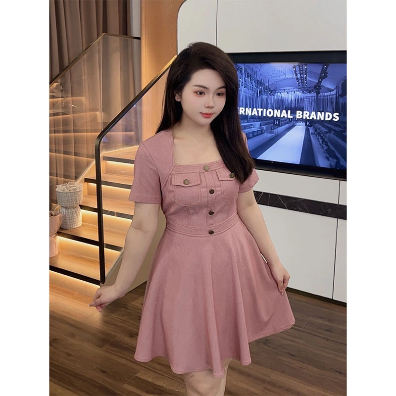 大梦微胖定制【LHC1131】时尚夏季遮肚显瘦短袖方领收腰连衣裙