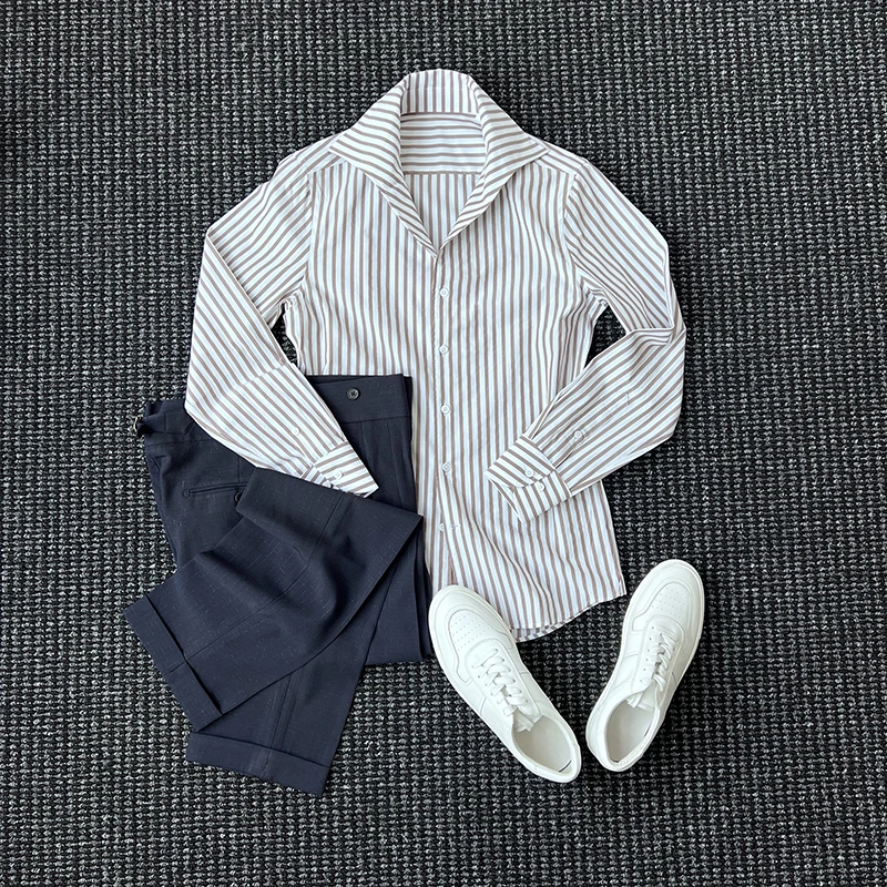 高定那不勒斯商务通勤痞帅高级感条纹衬衫男士绅装一片领衬衣潮流