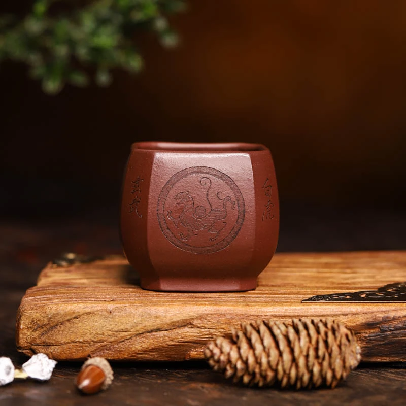 宜兴紫砂 |  仇峰四神兽抽角四方紫砂主人杯