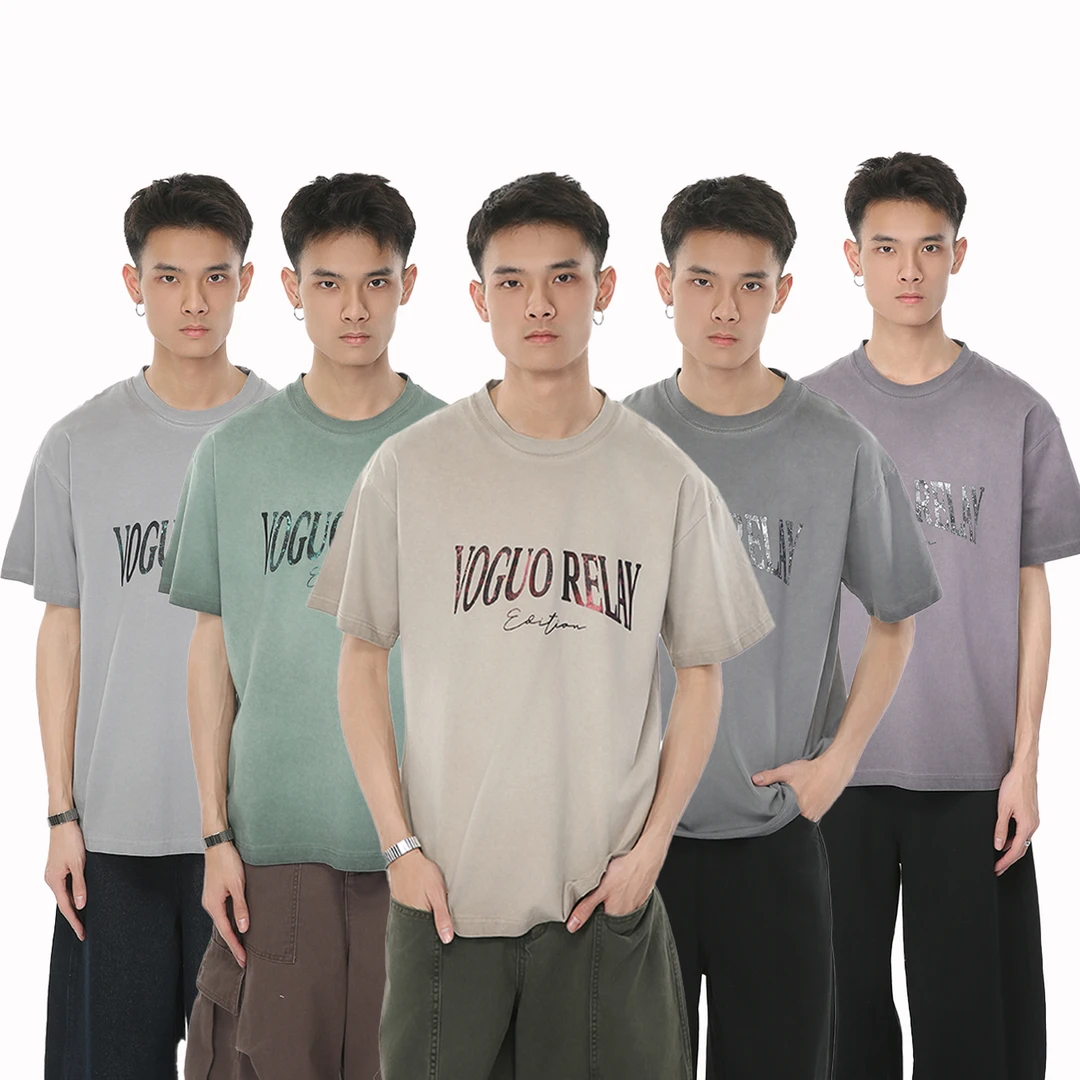 Voguo Relay原创夏季水洗做旧渐变印花宽松圆领情侣装短袖t恤