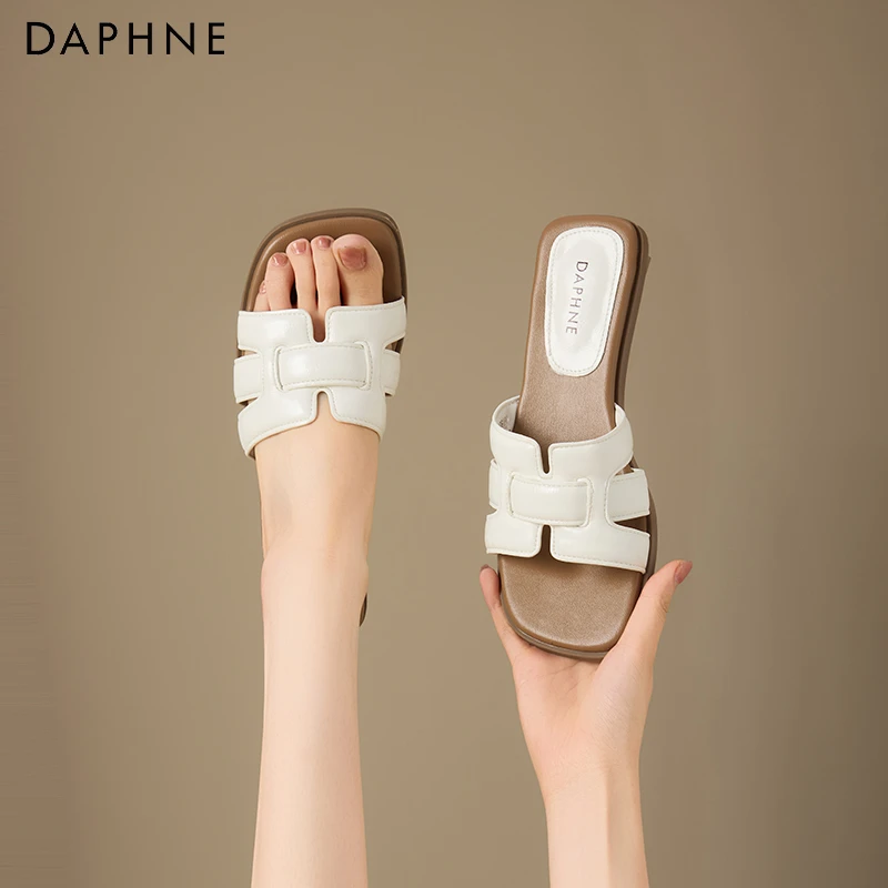 达芙妮拖鞋女款爆款夏季外穿一字拖鞋时尚方头凉拖鞋防滑复古凉鞋