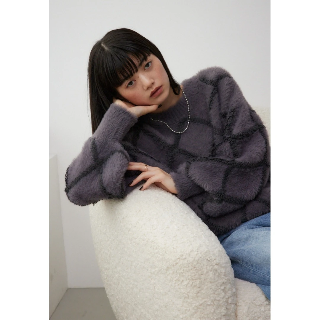 【六哥家】 秋冬上新 M 时尚百搭宽松格纹圆领针织衫