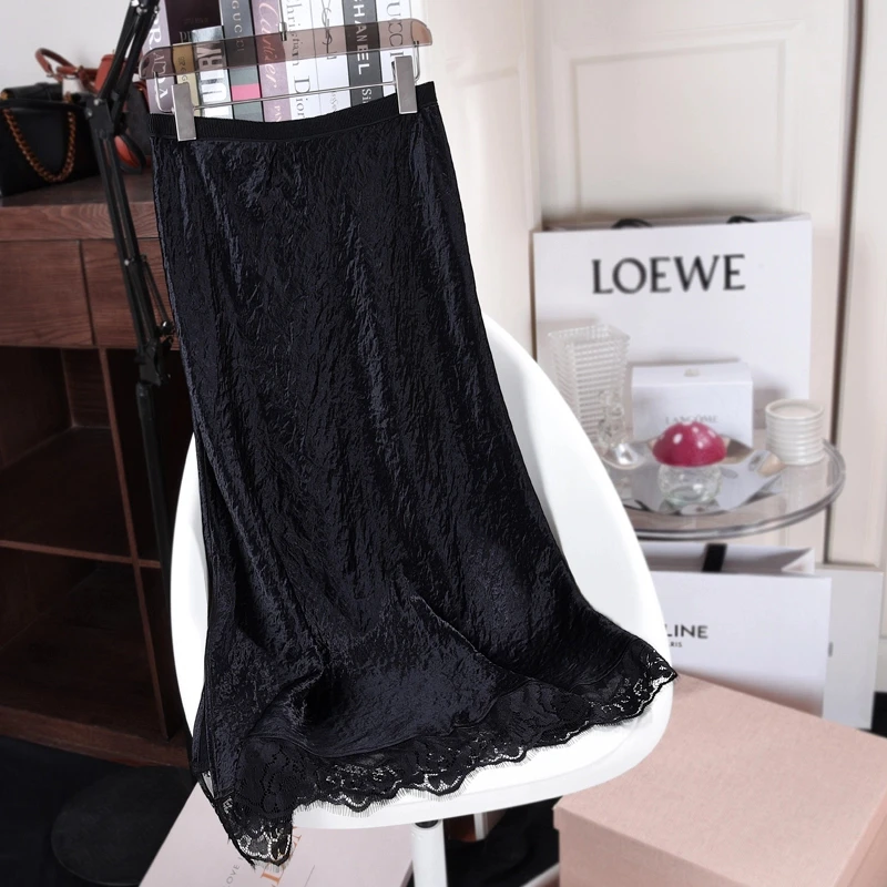 2025夏季新款醋酸褶皱A字裙复古时尚遮肉显瘦高腰中长款半身裙