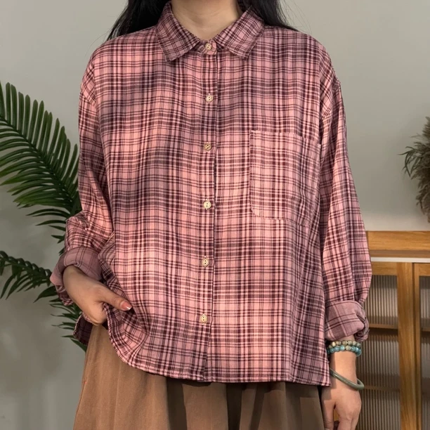 单排多扣长袖纽扣四季通用衬衫ins复古韩版格纹春秋079
