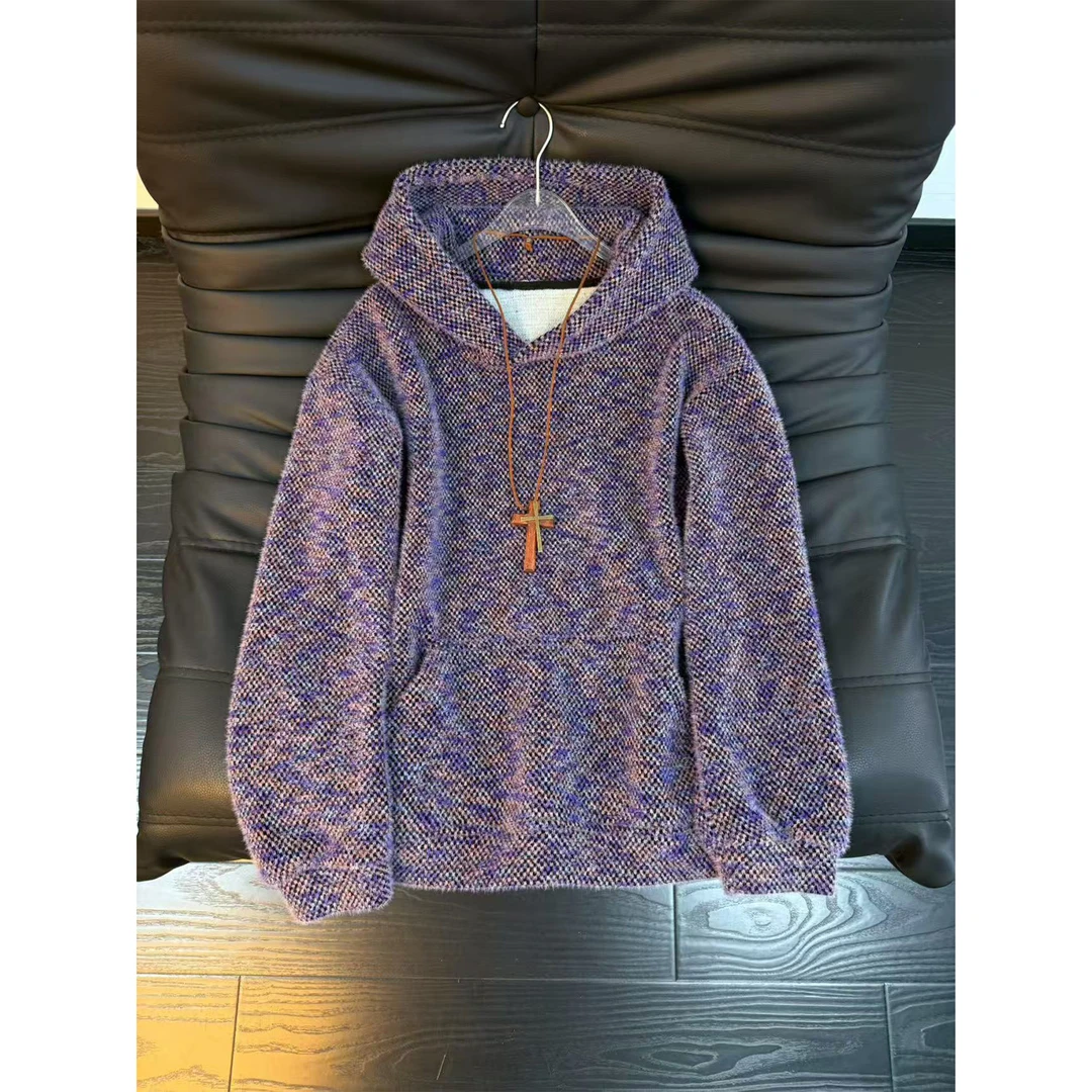 绝绝紫毛茸针织卫衣男女冬季设计感宽松加厚美式复古情侣连帽上衣