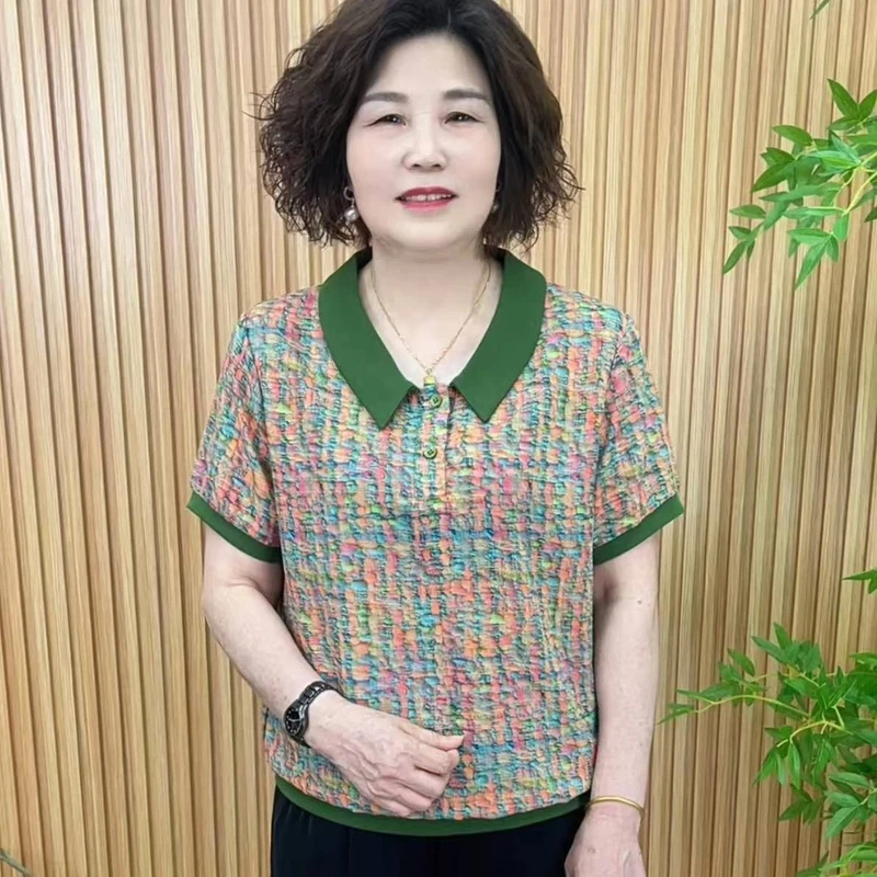 娃娃领薄款时尚短袖中老年女装夏季宽松休闲翻领短袖夏装V0007