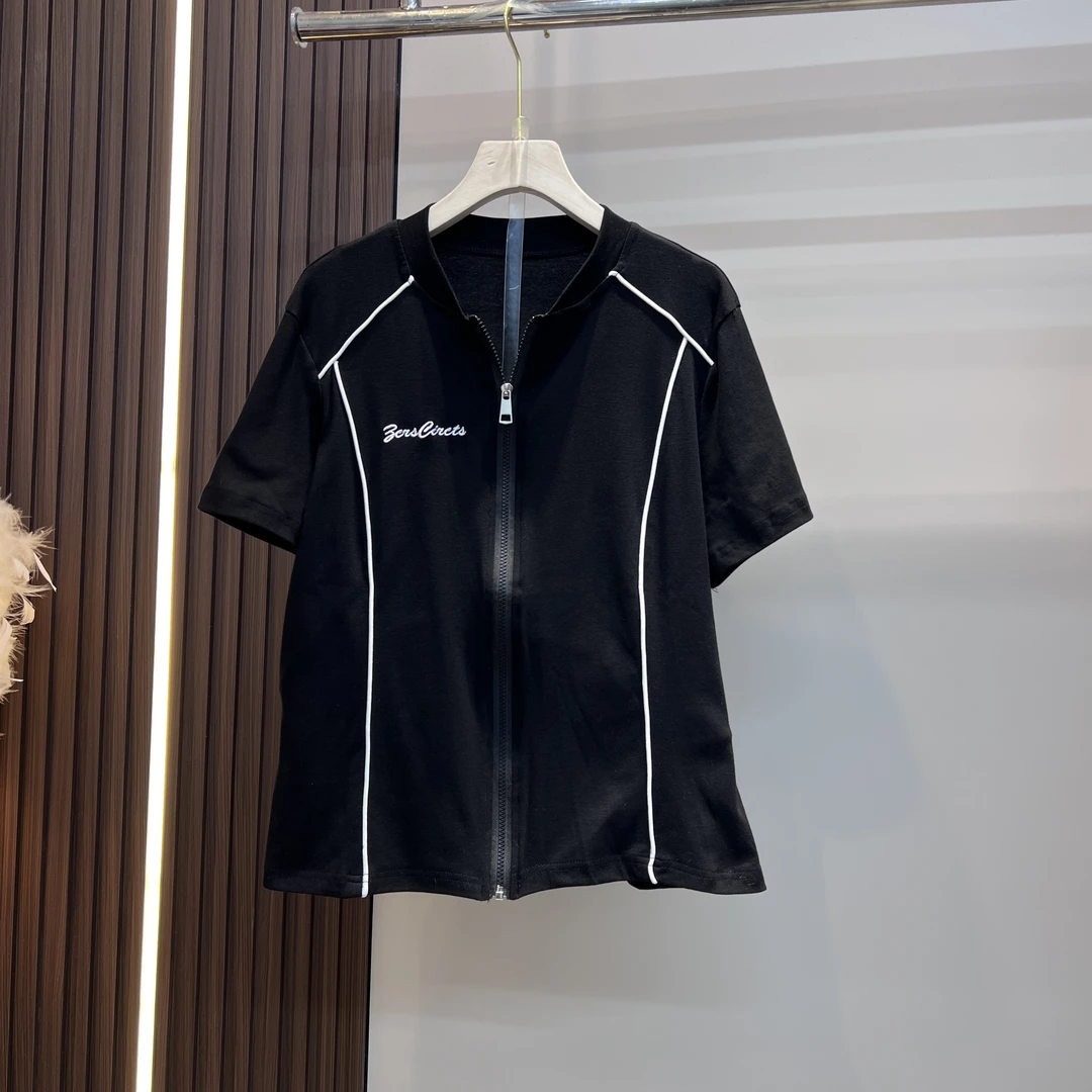 欧洲站2025春季新款纯欲风拉链修身显瘦上衣洋气短袖女