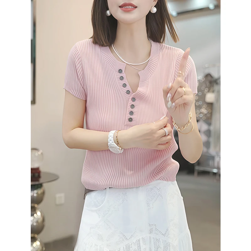 夏季爆款洋气打底韩版时尚减龄小个子百搭修身短袖弹力针织衫女装