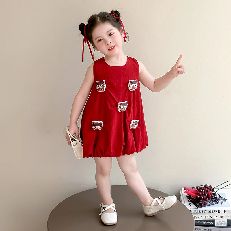 女童连衣裙夏装2025新款洋气红色哪吒裙网红夏季女宝宝无袖裙子夏