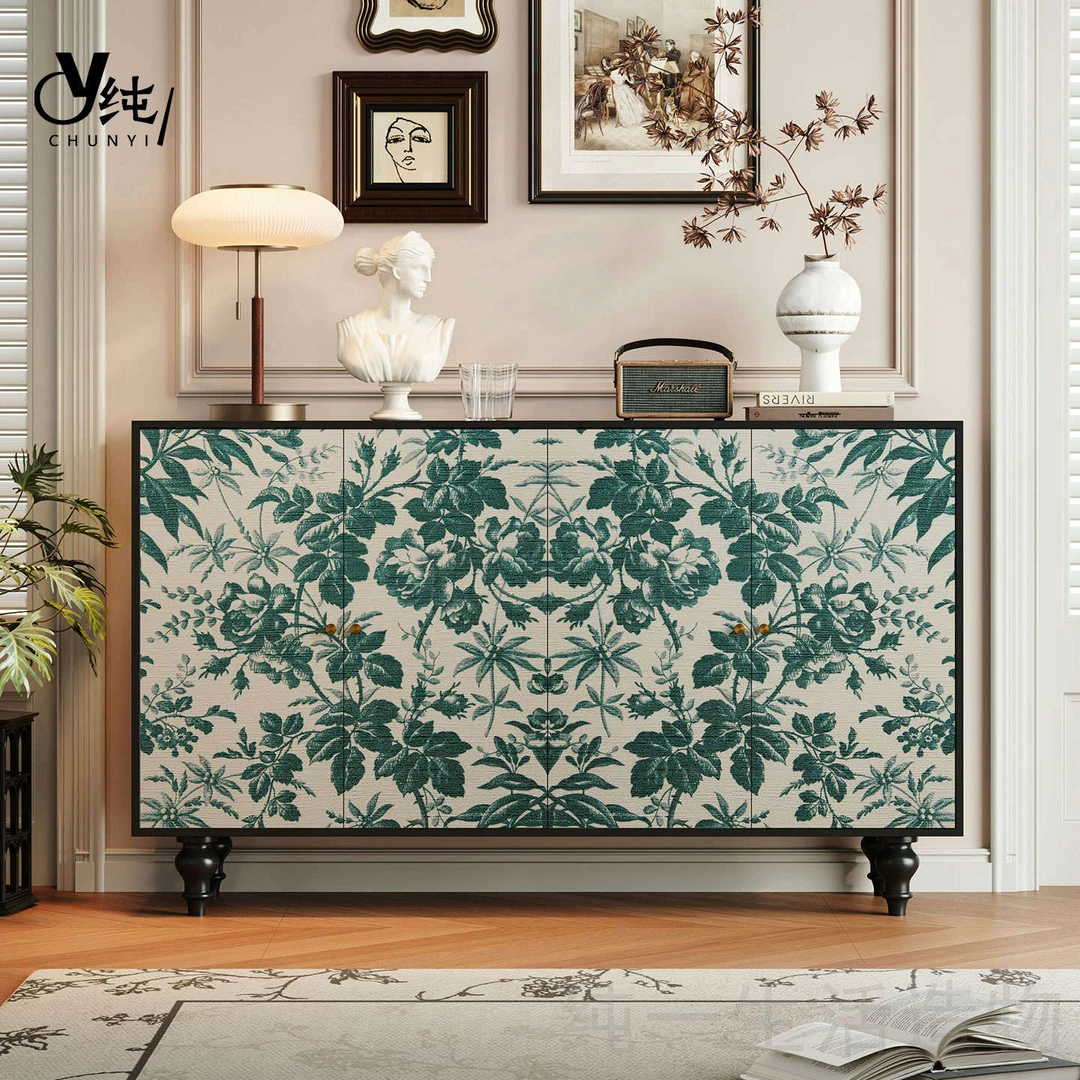 实木入户餐边柜法式花卉客厅卧室收纳储物柜复古风玄关装饰柜鞋柜