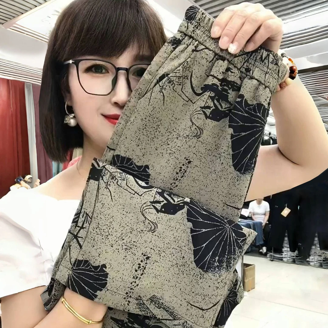 2025新款薄款夏季高腰直筒裤印花休闲裤潮流宽松大码显瘦妈妈裤子