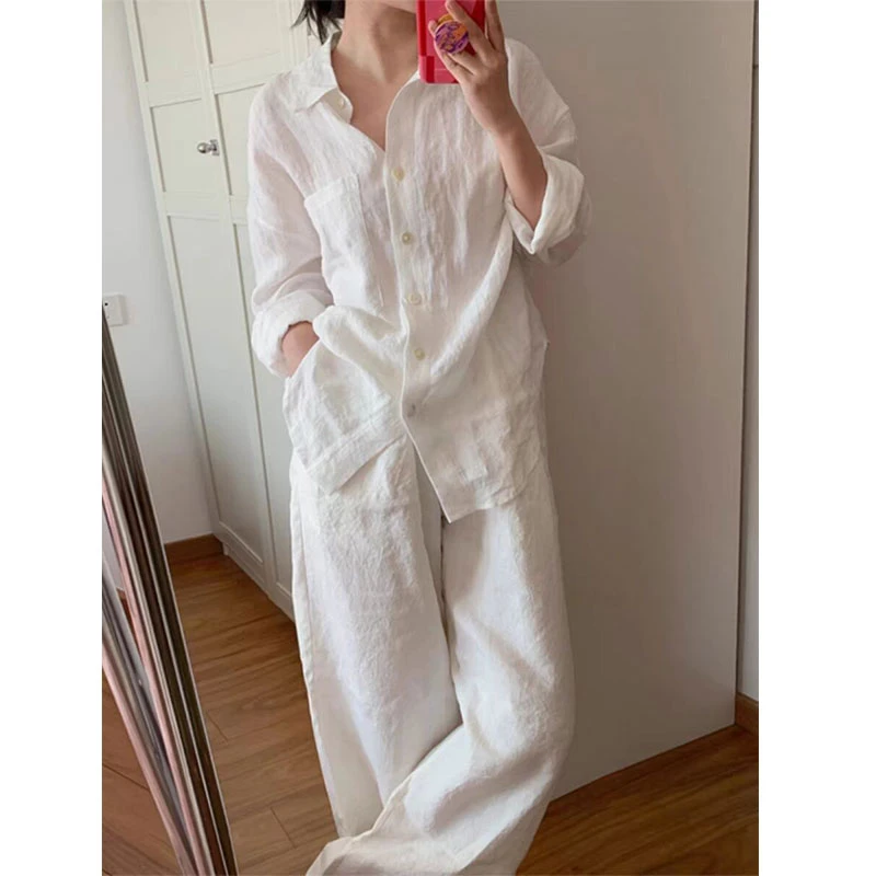 白色棉麻衬衣套装女夏季新款简约休闲风百搭Polo领衬衫长裤两件套