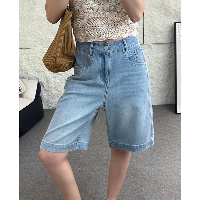 莱赛尔棉牛仔5分短裤女2025夏季薄款高腰宽松直筒阔腿五分裤中裤
