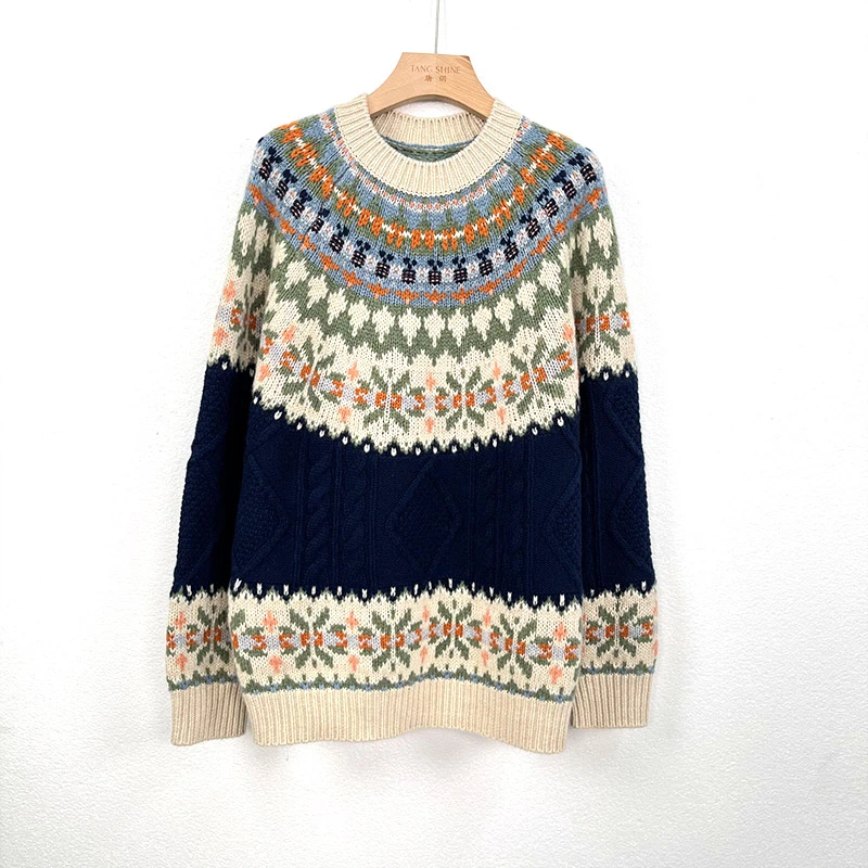 唐绢时尚纯山羊绒针织衫洋气宽松圆领百搭长袖撞色女冬C152322-QL