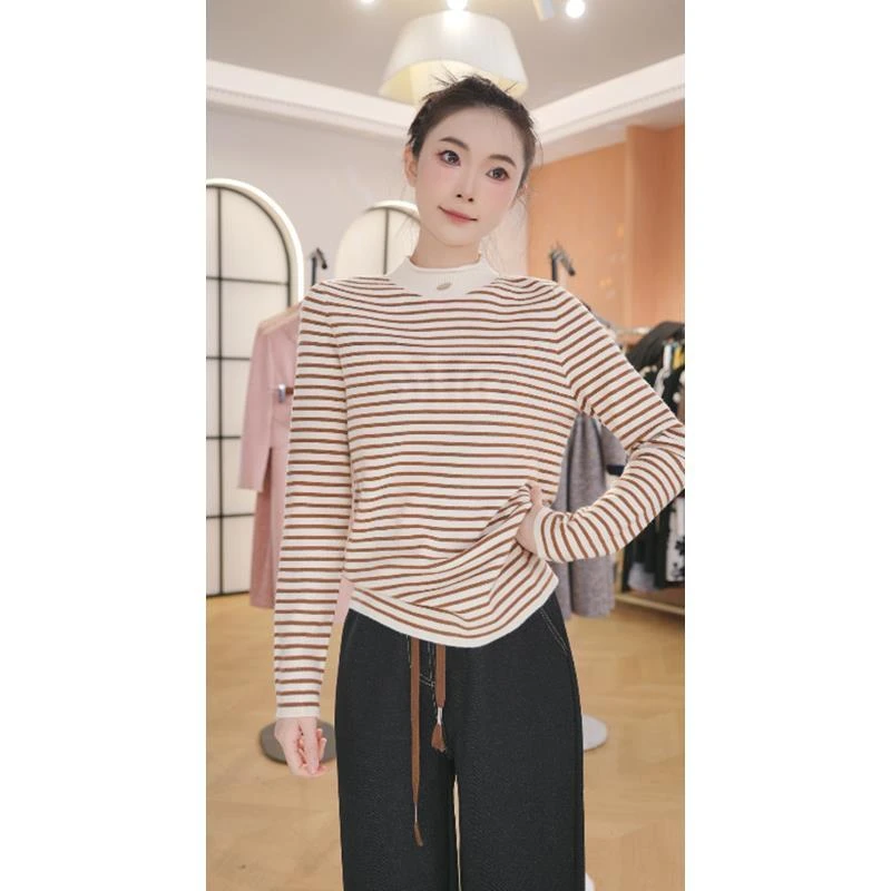 条纹半高领长袖针织衫女秋季打底衫显瘦百搭上衣