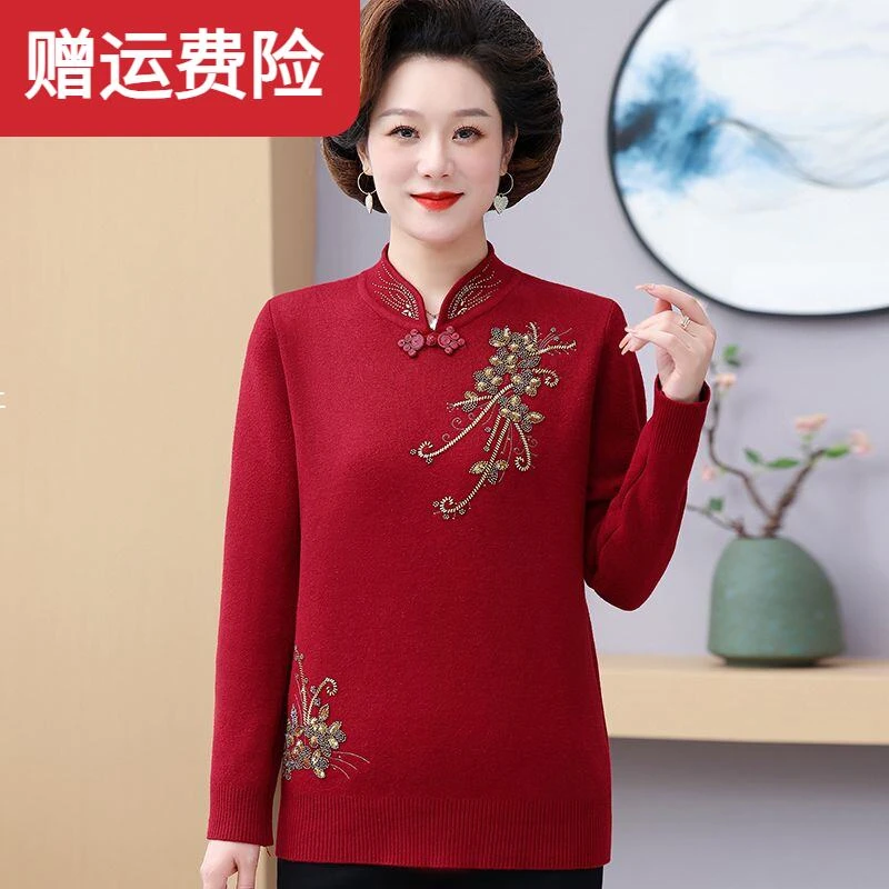 2025年秋冬新款烫钻盘扣中式加绒宽松显瘦百搭洋气妈妈装长袖上衣