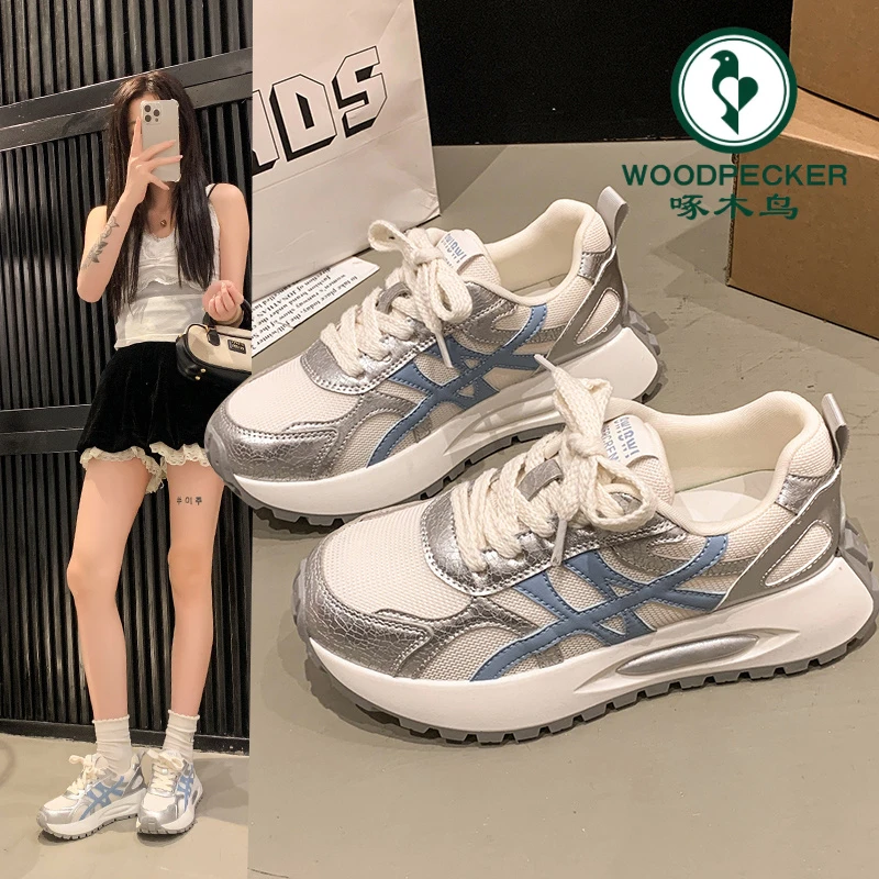 啄木鸟厚底德训鞋女2025新款网面透气小白鞋厚底舒适休闲老爹鞋女