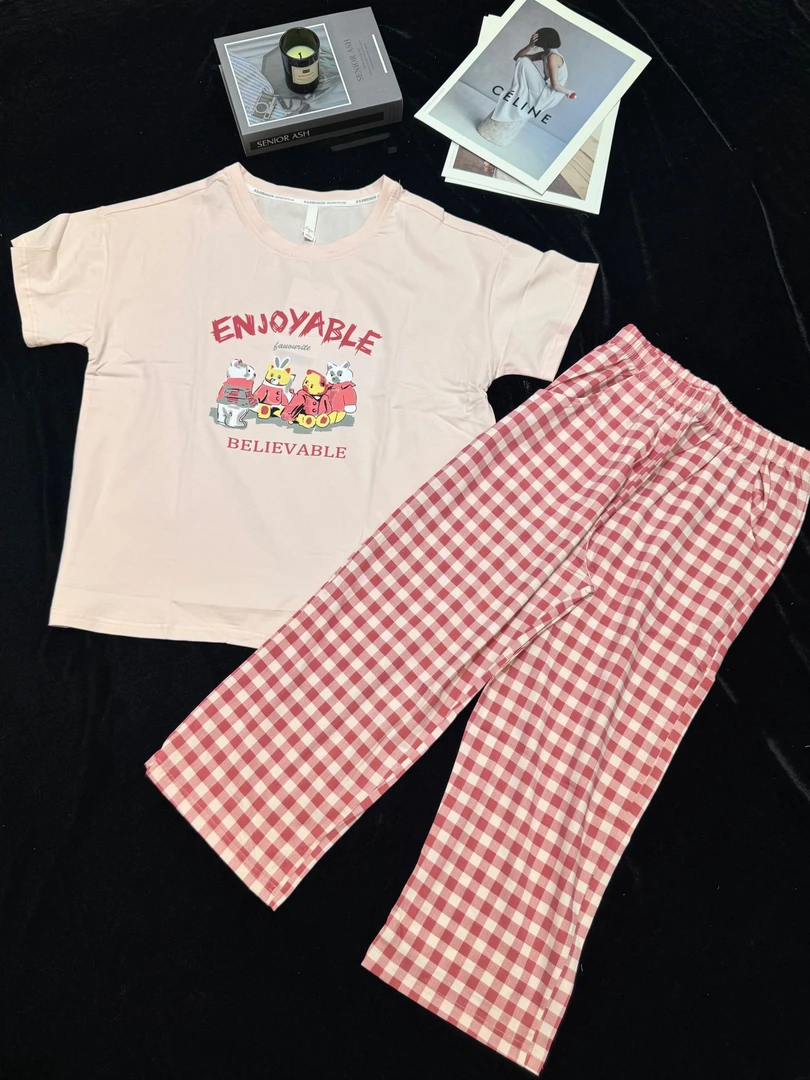 5993爽棉短袖八分格子裤套装