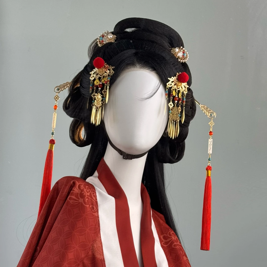 红莲 新年迎财汉服配饰古风发簪流苏对夹