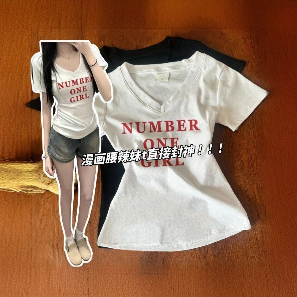 辣妹美式复古正肩V领短袖t恤女夏季显瘦字母印花设计百搭修身上衣