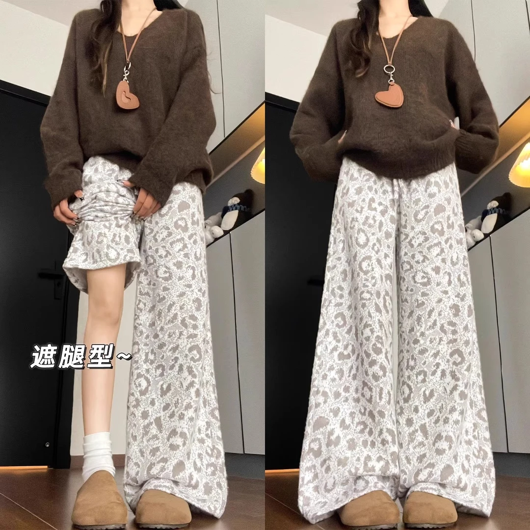 加绒加厚豹纹印花休闲裤女2025年秋冬新款高腰显瘦慵懒百搭阔腿裤