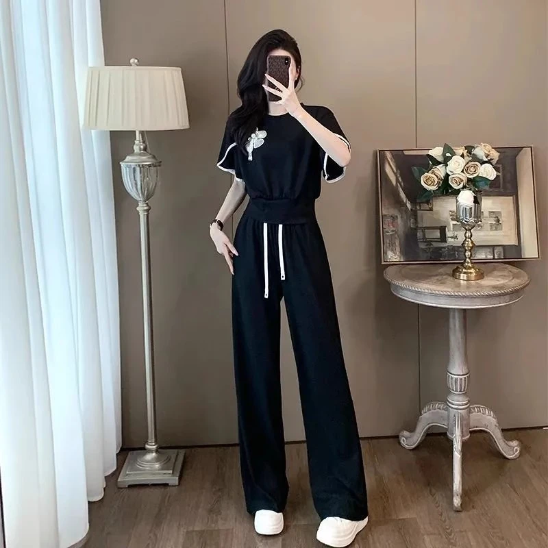 休闲运动套装女2025新款夏季宽松时尚减龄洋气短袖阔腿裤两件套潮