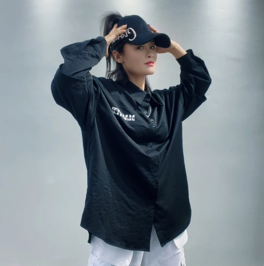 011黑色印花长袖衬衫春秋季潮流曳步舞翻领痞帅休闲衬衣宽松百搭