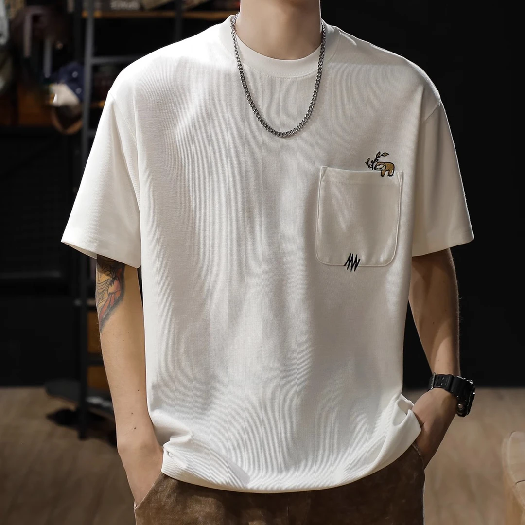 MR.MUDI/穆迪先生260g重磅肌理感刺绣圆领短袖t恤男士2025新款夏