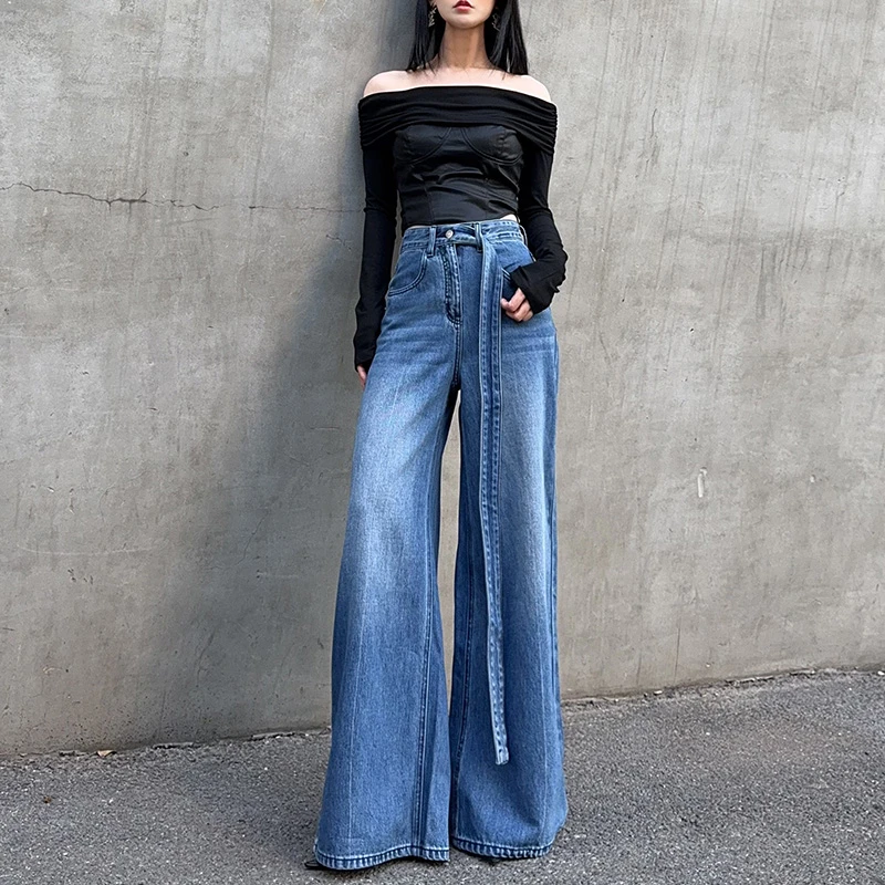 蓝色长腰带阔腿牛仔裤女2025春季夏季高腰宽松遮胯直筒显瘦长裤