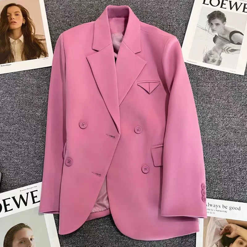 现16#紫粉色西装外套女2025新款双排扣设计感时尚气质百搭小西服
