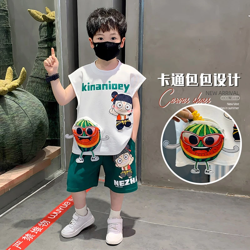 哪吒男童无袖夏装套装2025新款酷帅男孩薄款透气背心宝宝夏季衣服