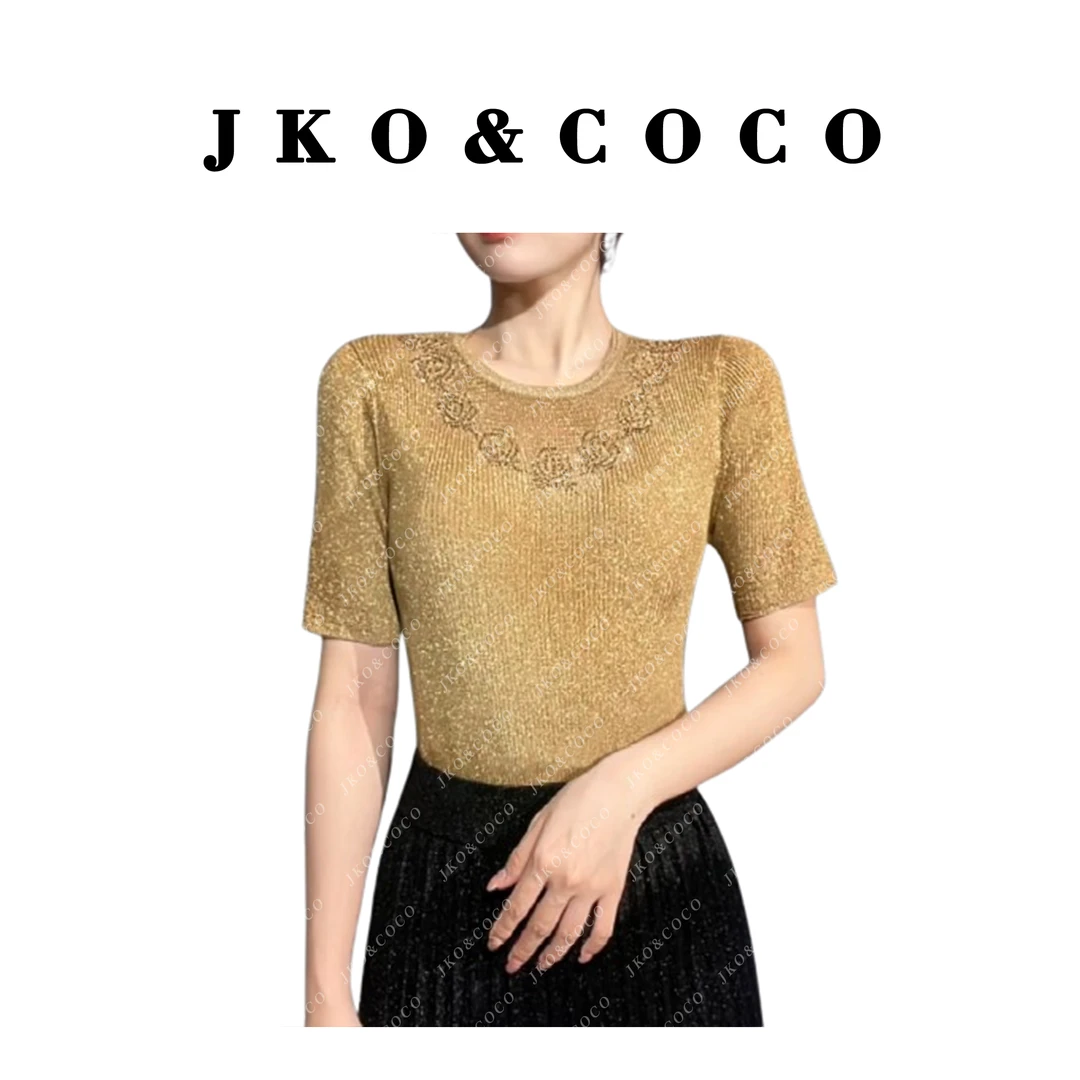 JKO&COCO【花开富贵】意大利水晶纱夏季薄款时尚百搭针织衫上衣短袖