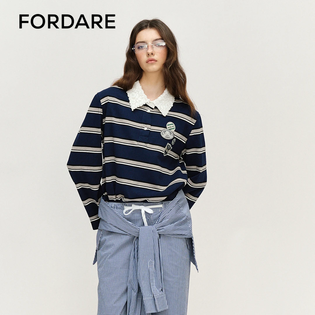 FORDARE福蝶 25春季新品 重工装饰领条纹T恤长袖宽松休闲百搭2252