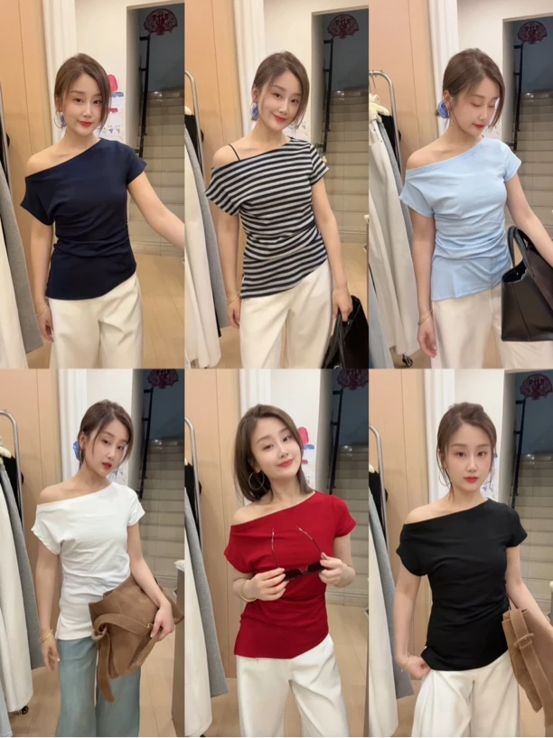 【开幕T】斜肩短袖收腰上衣