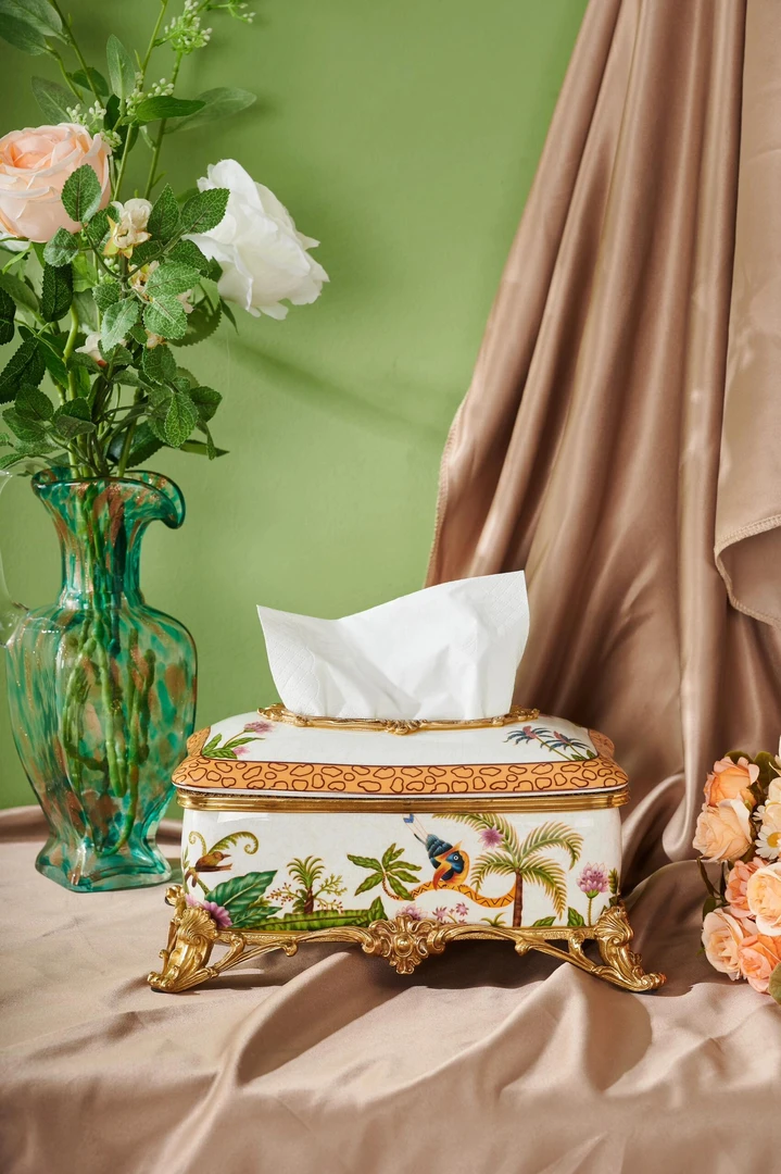 意大利DONTONMANOR高级内绘热带丛林纸巾盒铜配瓷高级精致