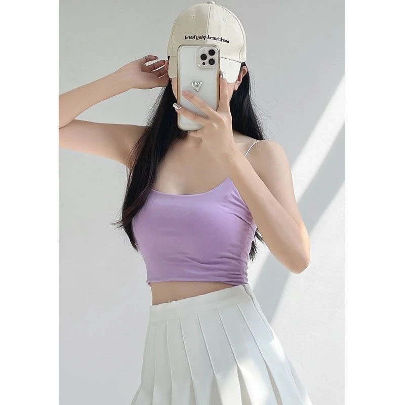 紫色修身吊带背心夏季外穿辣妹短款上衣