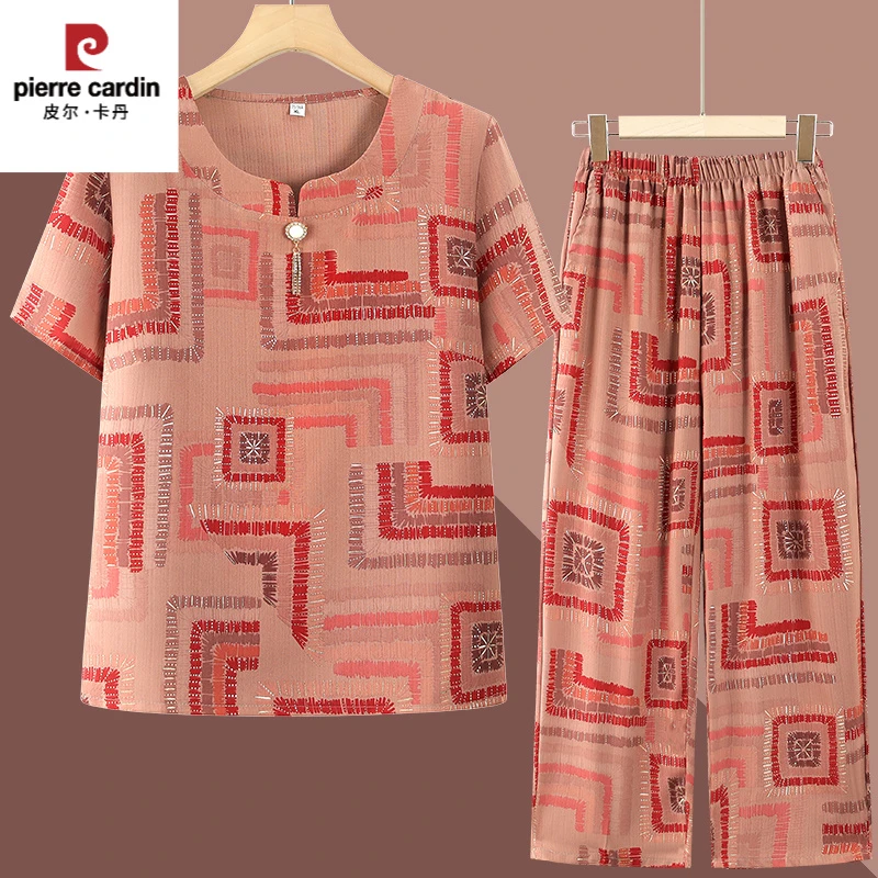 皮尔卡丹中老年人夏装冰丝套装女妈妈大码恤奶奶新款短袖老太太衣