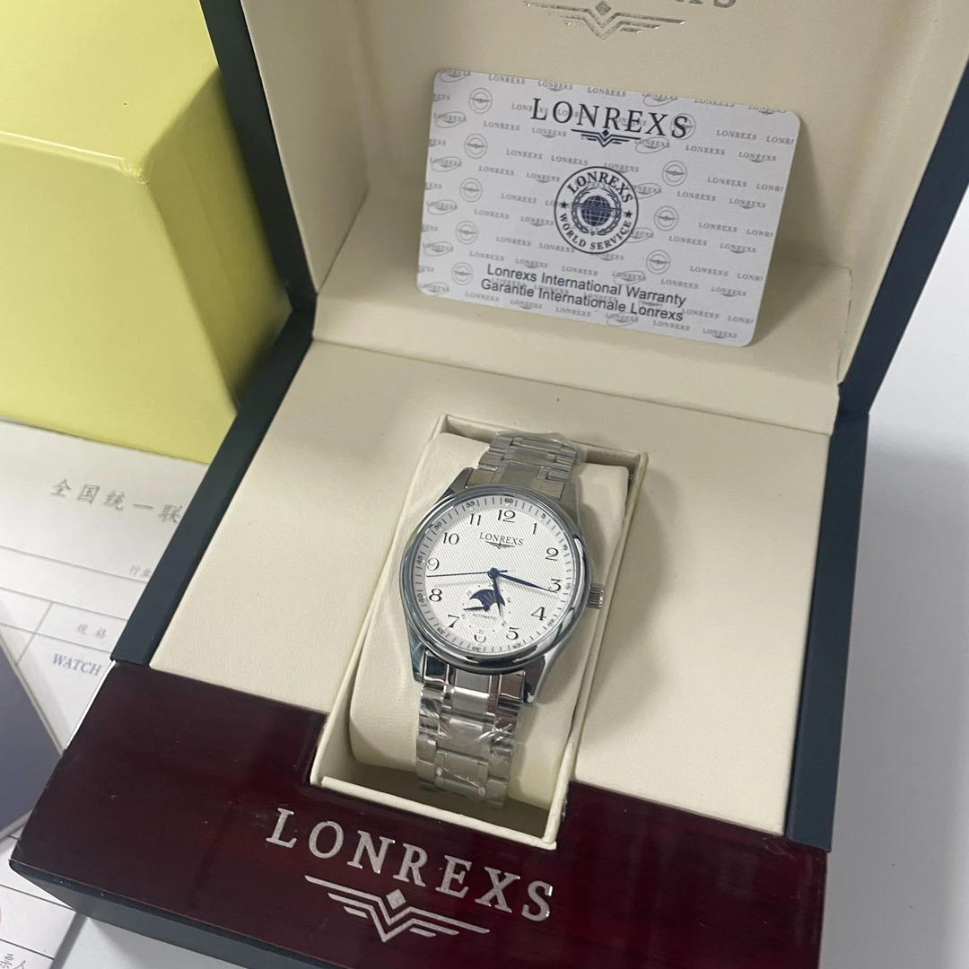 LONREXS/蓝针月相钢带/表径41mm男士经典全自动腕表