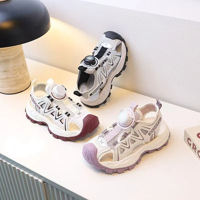 儿童运动凉鞋2025夏男童轻便休闲鞋女童旋钮扣包头鞋中大童亲子鞋