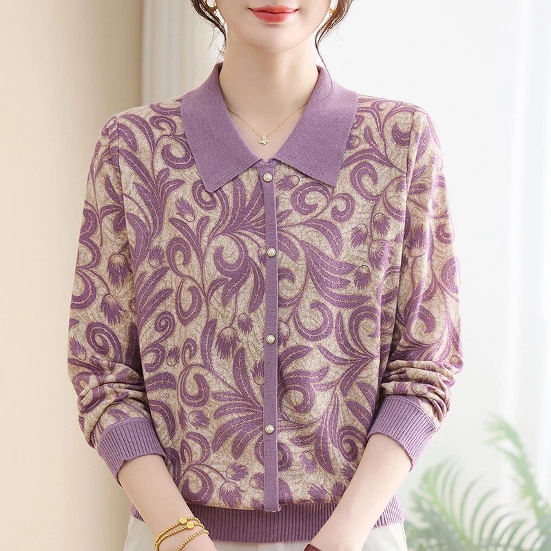妈妈装针织小衫秋季新款长袖薄T恤中老年人打底衫女洋气质上衣服